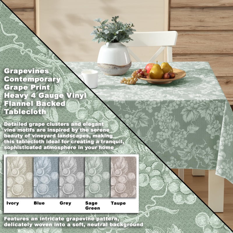 Lintex Home Bargains Plus 60 x 104 Inch Rectangle Vinyl Tablecloth with Flannel Backing, Traditional Grapevine Print, Waterproof Indoor Outdoor Dining Room, Party and Banquet Table Cover, Sage Green - Image 2